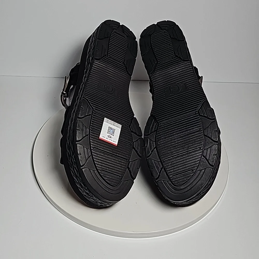 UGG Neusch Sandals Platforms Shoe Adjustable Strap Suede Leather Rafia Black 9